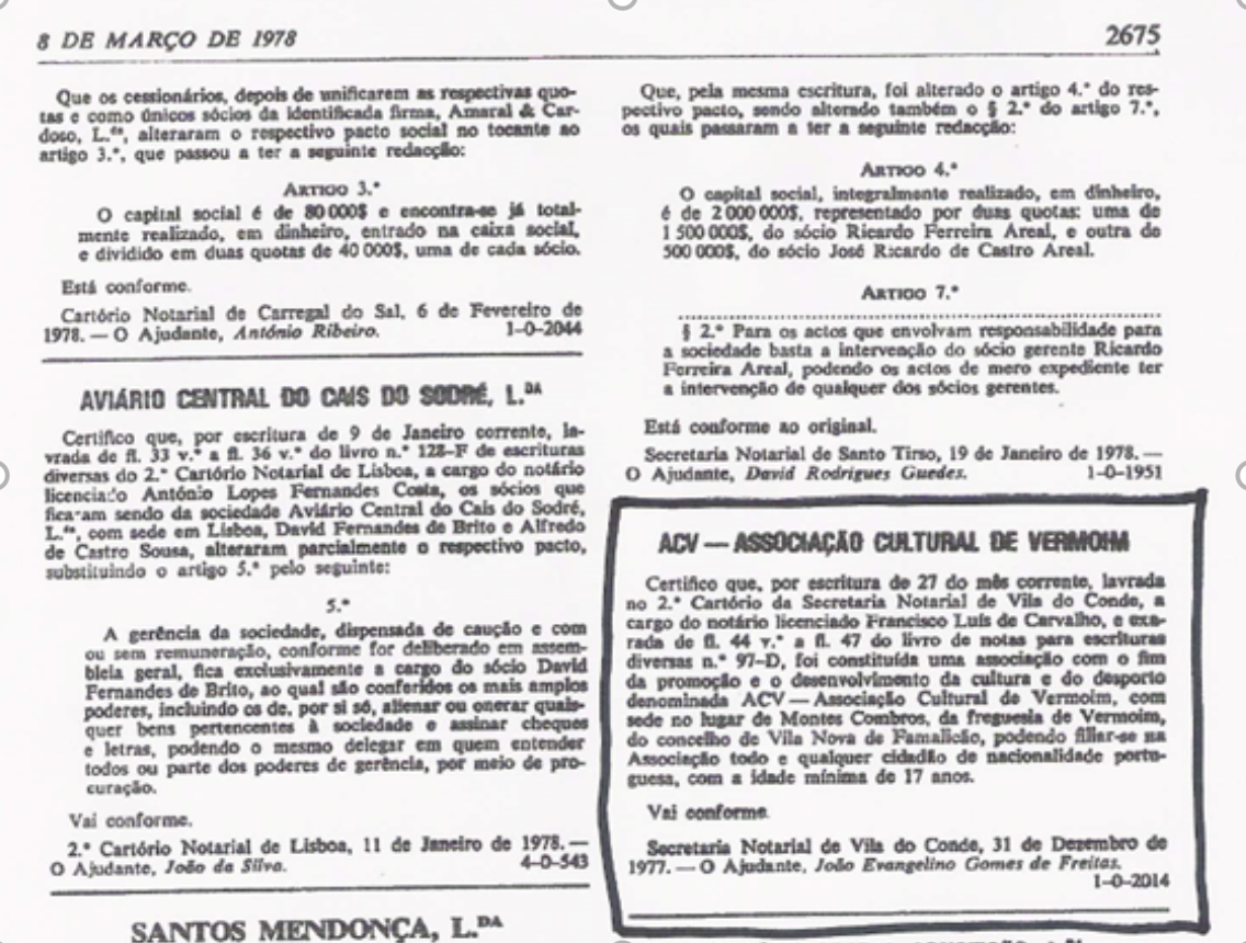 Certificado de Constituição da Associação Cultural de Vermoim